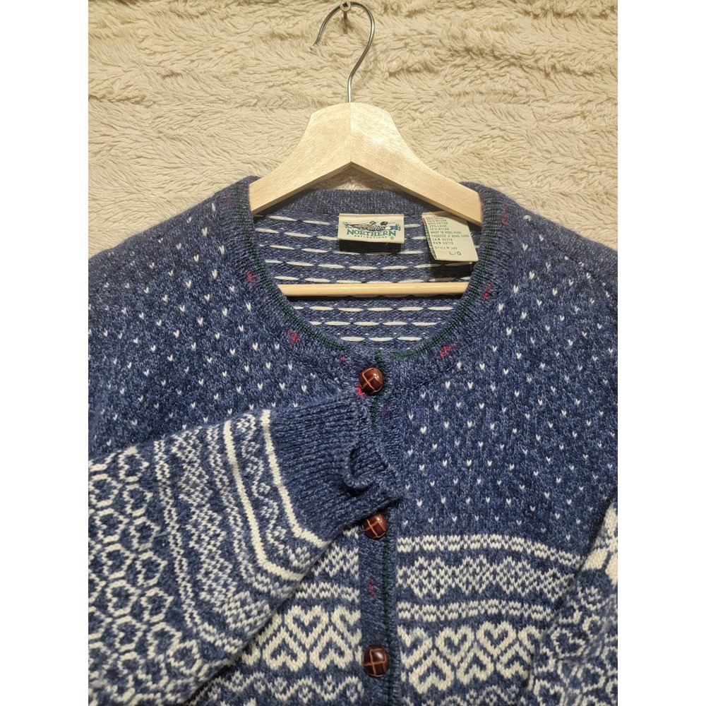 Northern Reflections Vintage Nordic Fair Isle Cardigan Sweater Blue White Large